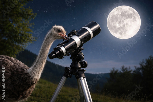 An ostrich observes the moon through a telescope in a night landscape.