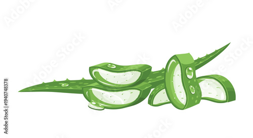 A diagonal arrangement of three whole green aloe vera leaves and two smaller cut slices, each adorned with reflective water droplets, rests on a pure white backdrop.