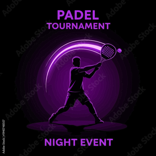 Dynamic Silhouette of Padel Player in Purple Hues Announcing Night Tournament Event