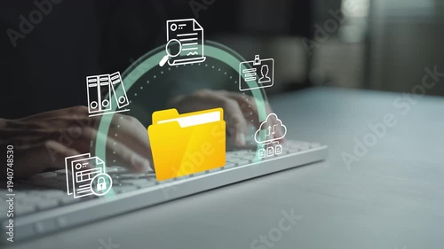 Digital document management system concept. Person typing keyboard with file sharing and cloud storage icons, document organization, secure data access and business administration.