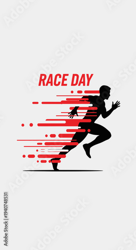 Dynamic Silhouette of Runner in Motion with 'Race Day' Text on a Clean White Background