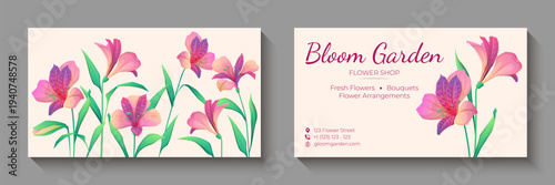Floral business card template for flower shop with blooming alstroemeria flowers. Elegant botanical design for florist branding, bouquet services and garden store identity. Vector illustration