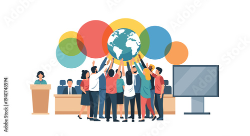 A diverse group of people with raised hands collectively holds up a large globe, surrounded by colorful circles, in a conference room setting.