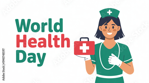 Nurse holding first aid kit on world health day with green uniform and red cross symbol