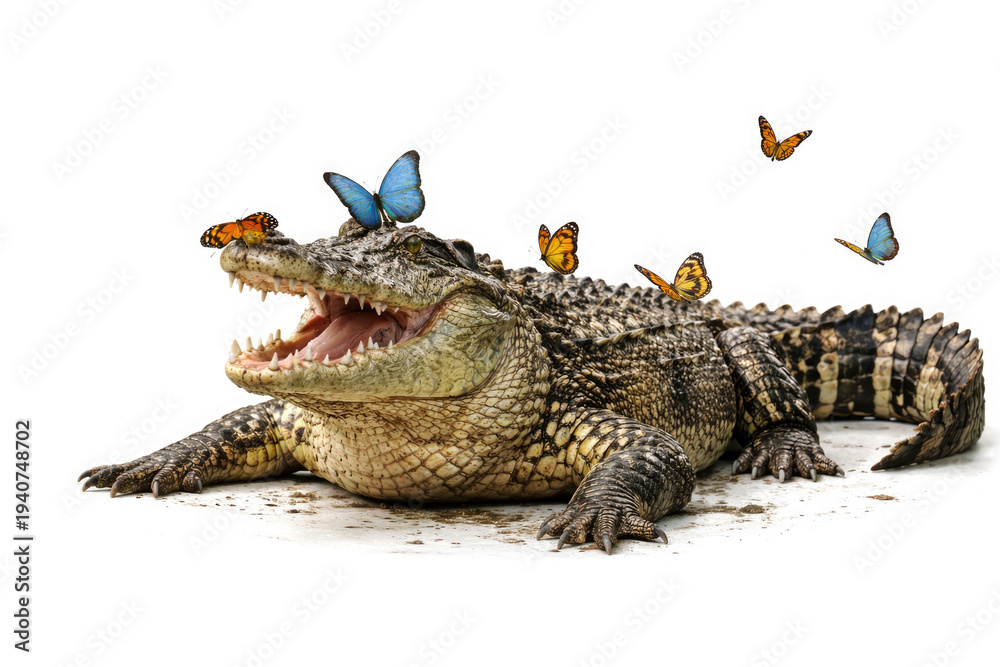 Obraz premium A crocodile with an open mouth and butterflies around.