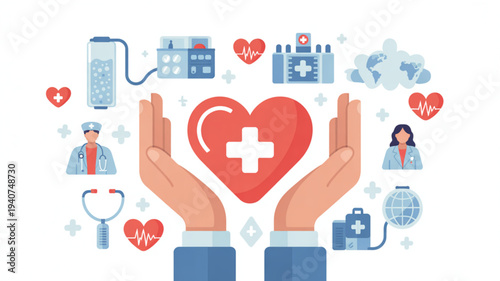 Hands cradling a red heart with a white medical cross surrounded by healthcare symbols and icons on a white background