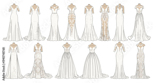 A detailed collection of twelve elegant, full-length wedding gowns, showcasing diverse styles, necklines, and skirt silhouettes, is arranged neatly on a pristine white background.