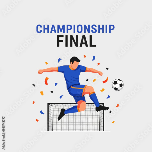 Dynamic Soccer Player Kicking Ball in the Championship Final with Energetic Confetti