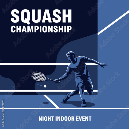 Dynamic Squash Championship Night Indoor Event Announcement Featuring Player Illustration Design