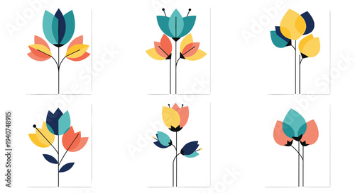 A collection of six unique, stylized floral arrangements, each composed of three overlapping petals in teal, yellow, and orange, is symmetrically displayed on a pristine white background.