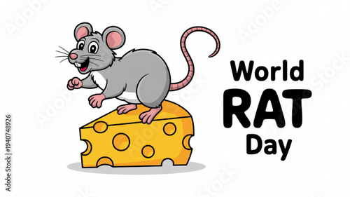 Cartoon gray rat standing on yellow cheese with world rat day text celebrating rodents in a fun illustration