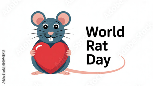 Cartoon gray rat holding red heart with world rat day text on white background symbolizing love and affection for rodents