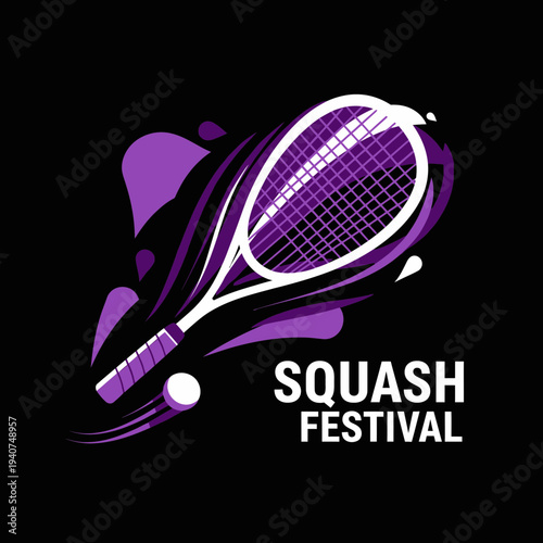 Dynamic Squash Festival Logo Displaying a Racquet and Ball with Fluid Purple Design