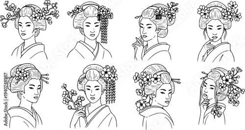 Line art vector set of six japanese women and cherry blossom illustrations in black ink style elegant close up poses
