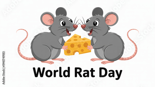 Two cartoon rats sharing cheese on world rat day with a playful and festive atmosphere