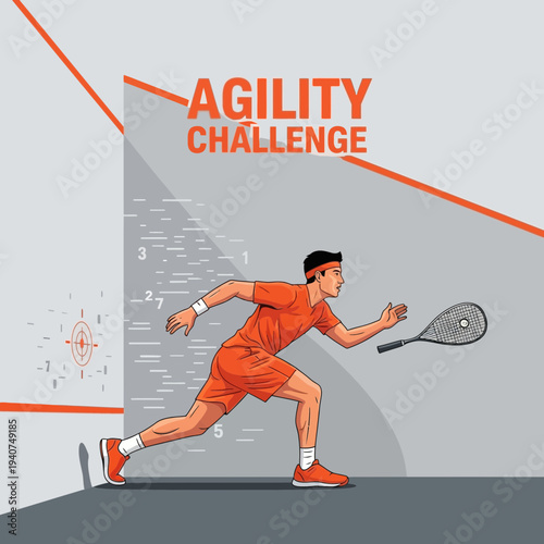 Dynamic Squash Player Engaged in Intense Agility Challenge Against Modern Geometric Wall Design