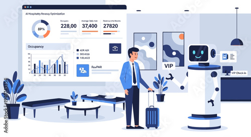 A business traveler checks into a modern hotel lobby assisted by a friendly robot concierge, with a large screen displaying AI-driven hospitality management data.