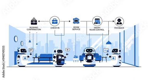 Robots automating the entire hotel guest experience from booking to feedback, showcasing smart hospitality technology.