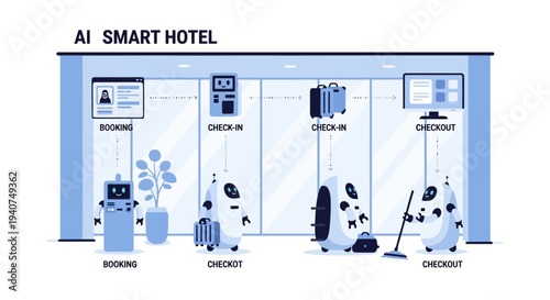 An illustration of an AI smart hotel showcasing various robots performing automated tasks like booking, check-in, luggage handling, and checkout cleaning services.