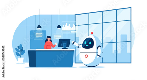 A woman working at a reception desk with a friendly robot assistant in a modern office environment.
