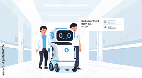 Medical robot assisting healthcare professionals in a hospital corridor with appointment details displayed on its screen.