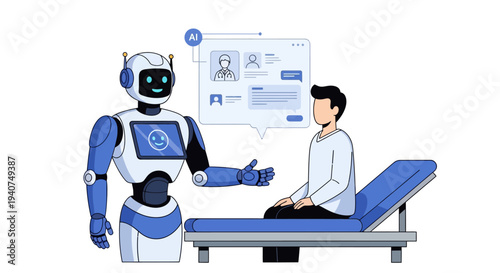An AI robot assistant interacting with a male patient on an examination bed, displaying a digital medical interface for healthcare consultation.