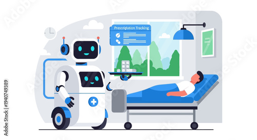 A medical robot delivering medication to a patient in a hospital room, illustrating healthcare automation and prescription tracking.