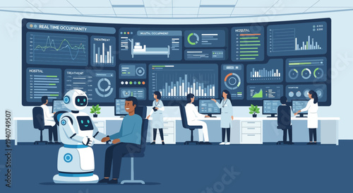 Futuristic control room with scientists, data dashboards, and a robot assisting a man, illustrating advanced technology and data analysis in a modern setting.