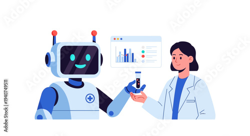 A friendly robot and a scientist collaborate in a modern laboratory, analyzing medical data and test tubes.