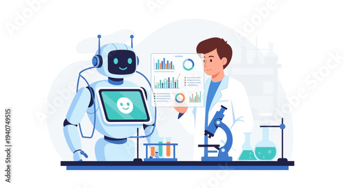 A scientist and a friendly robot collaborate in a modern laboratory, analyzing data and conducting experiments with scientific equipment.
