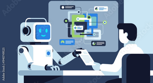 A friendly robot with headphones interviewing a man at a desk, with a complex data display on a large screen in the background, illustrating artificial intelligence in business.
