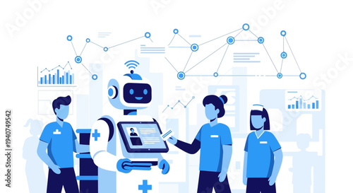 Medical robot assisting healthcare professionals with data analysis and network integration in a modern hospital setting, illustrating AI in medicine.