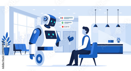A friendly robot assistant interacts with a person in a modern office reception area, offering multilingual support.