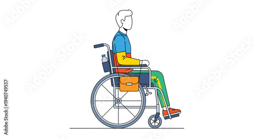 A person with light hair, wearing a vibrant multi-colored shirt and green pants, is seated in a manual wheelchair in side profile.