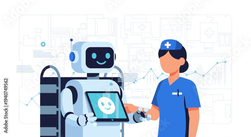 A friendly robot assistant with a screen displaying a smiley face interacts with a nurse in a medical setting, symbolizing healthcare technology advancements.