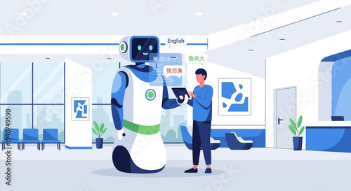 A man interacts with a futuristic humanoid robot in a modern office setting, showcasing AI-powered customer service and multilingual communication capabilities.