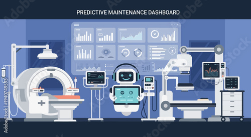 Advanced predictive maintenance dashboard monitoring medical equipment with robotic assistance and data analytics in a modern healthcare facility.