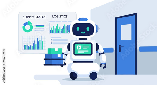 A friendly robot with a screen on its chest carries packages, displaying supply status and logistics data on a nearby screen.