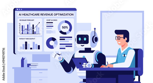 AI robot and man collaborating on healthcare revenue optimization using data analytics and technology in an office setting.