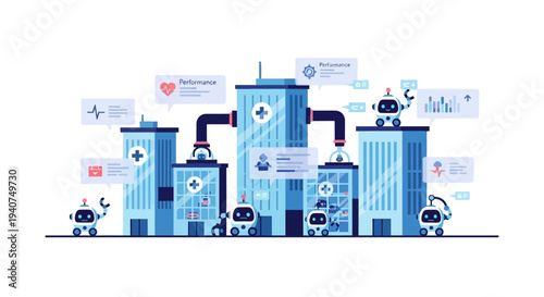 Digital healthcare network with interconnected smart hospital buildings and AI robots managing medical data and patient services.