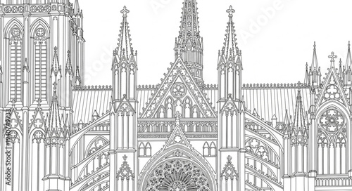 Detailed architectural drawing of a grand gothic cathedral facade.