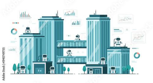 Futuristic cityscape illustration featuring modern skyscrapers, connecting skybridges, and robots engaged in various tasks, symbolizing advanced technology and urban development.
