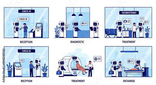 Robots assisting patients through various stages of hospital care, including reception, diagnostic, treatment, and discharge processes in a modern clinic.