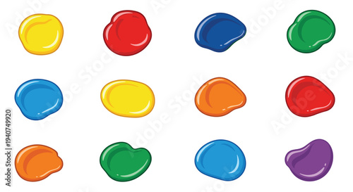 Twelve distinct, irregularly shaped blobs of vibrant, glossy paint in various colors are arranged on a clean white background.