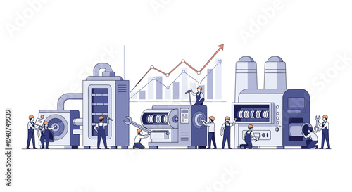 Multiple small workers in blue overalls perform maintenance on industrial machines in a factory setting with a growth graph.