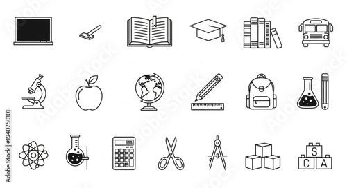 Collection of hand-drawn school and science icons.