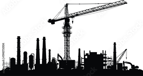 Industrial construction site silhouette with heavy machinery, tower crane, factory chimneys, excavators, and building scaffolding for urban development and civil engineering project background