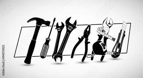 Collection of Hand Tools Arranged in a Line.