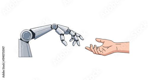 A sleek metallic robotic arm reaches towards an outstretched human hand, both suspended and not touching on white.