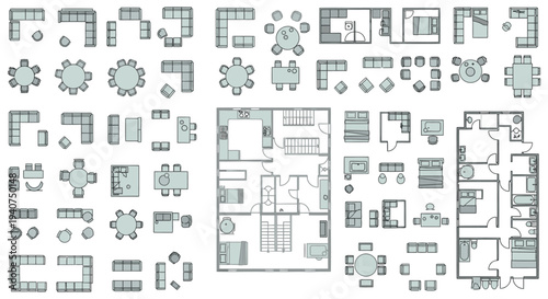 top view of modular furniture and house floor plans illustrating interior design concepts and layout arrangements